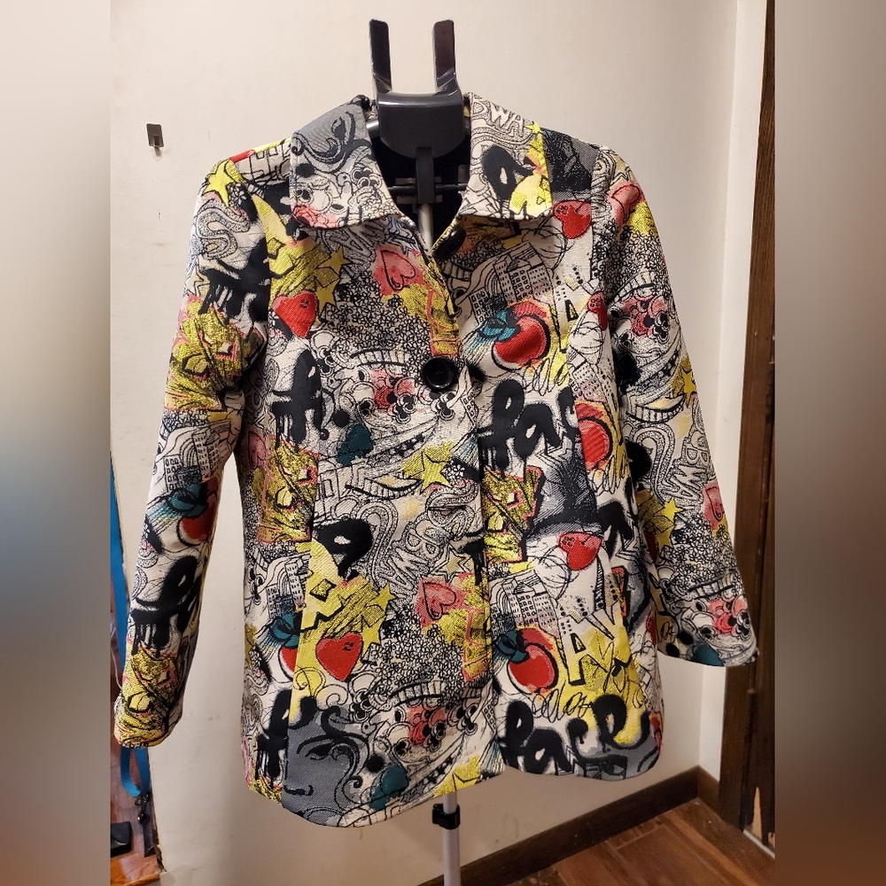 3 Sisters Vintage Multicolor Graphic Art Women's Blazer Large Buttons Sz M
